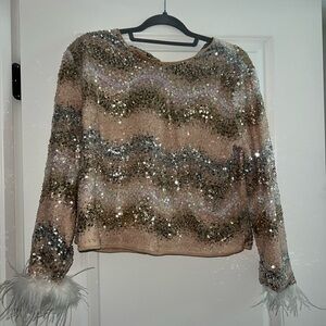 Sequin Embellished Top with Feather Cuffs